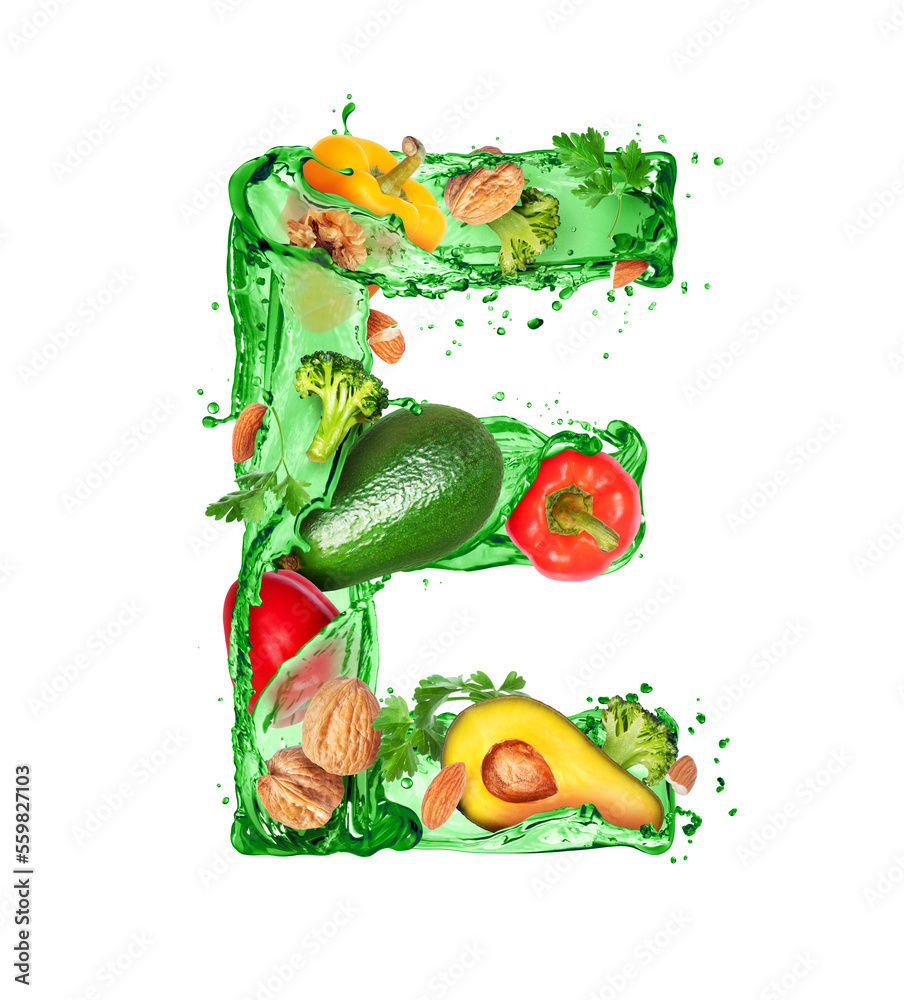 Latin letter E made of green splashes with food ingredients isolated on a white background (Vitamin 