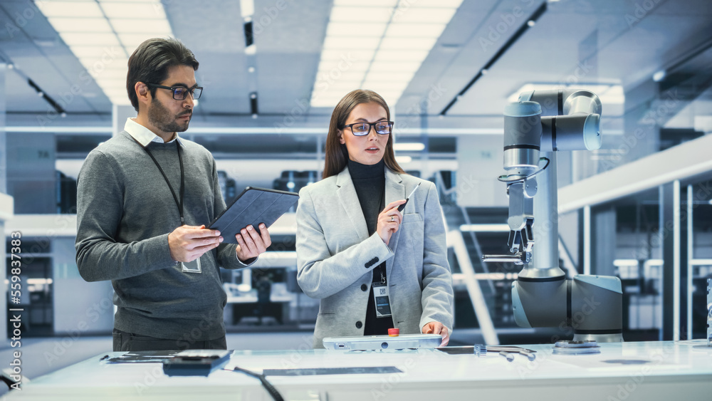 Robotics Engineer and Machinery Operator Collaborate on a Robot Arm Project at a Factory, Using a Ta