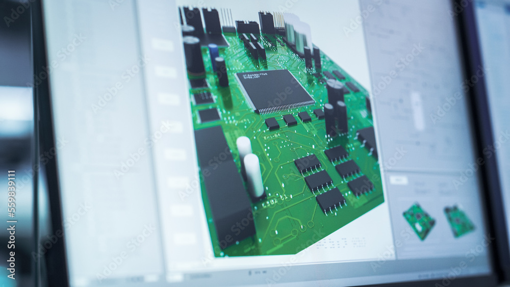 Close Up of a Computer Monitor Display with 3D CAD Software Interface with Digital Electronic Diagra