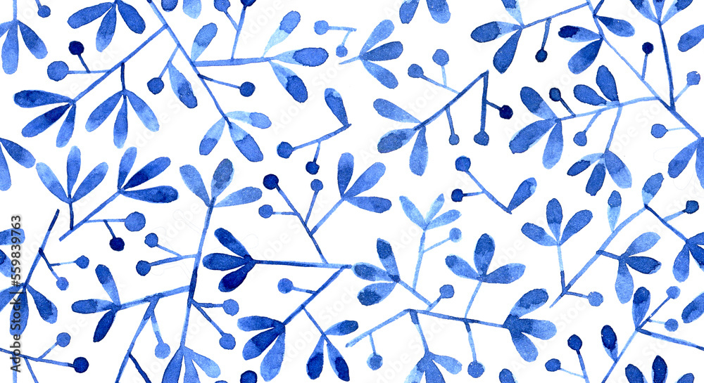 abstract seamless pattern with blue flowers and leaves on a white background. watercolor print