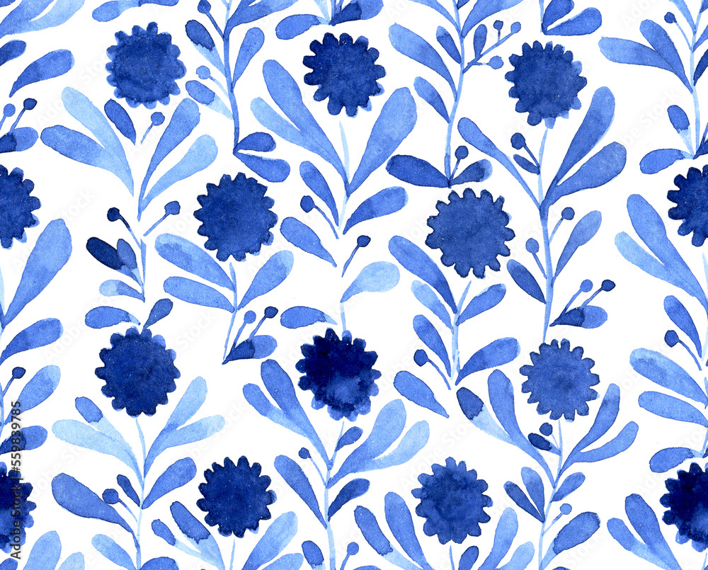 abstract seamless pattern with blue flowers and leaves on a white background. watercolor print