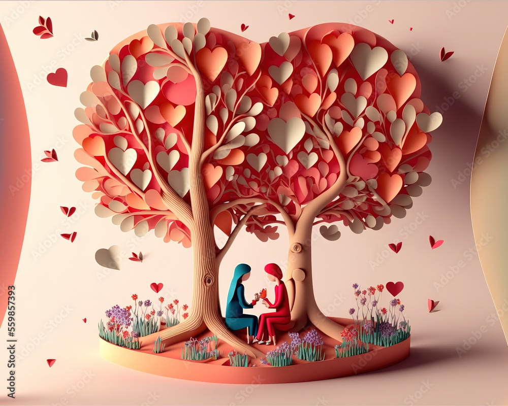 illustration of love and valentine day two enamored under a love tree,paper 3d from digital craft. (