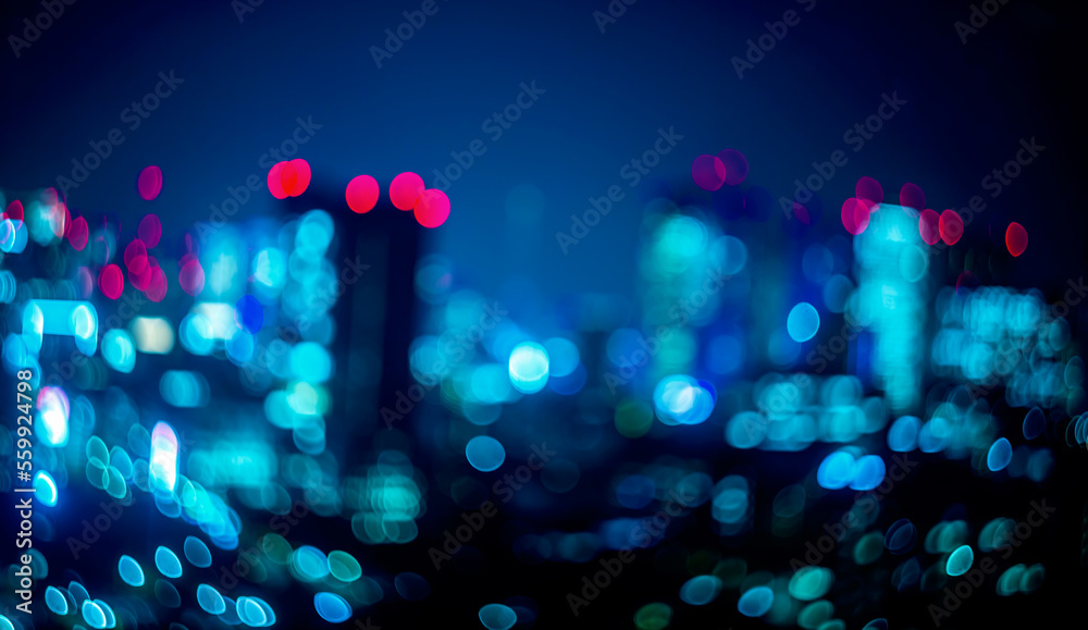 Abstract blurred bokeh neon light trails city night background