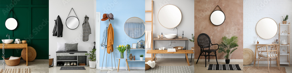 Collage of stylish interiors with round mirrors hanging on walls