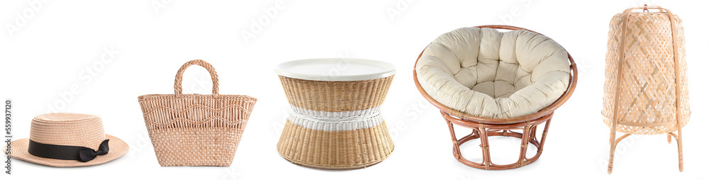 Collage of stylish rattan hat, bag and furniture on white background