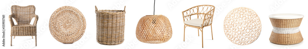 Set of stylish rattan furniture on white background