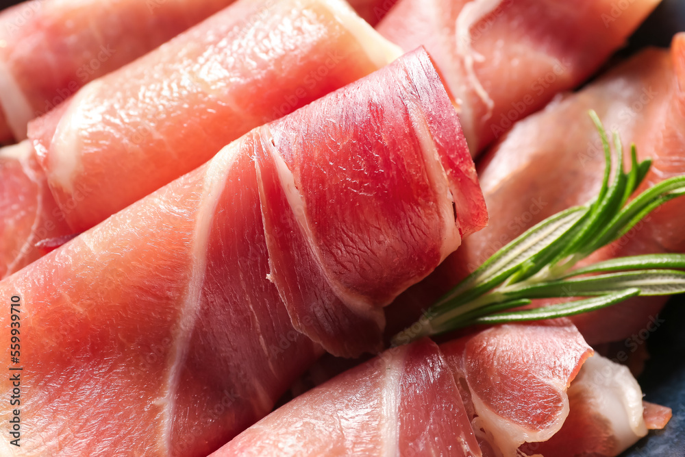 Rolled slices of delicious ham, closeup