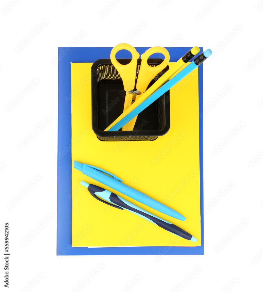 Holder with stationery and notebooks isolated on white background