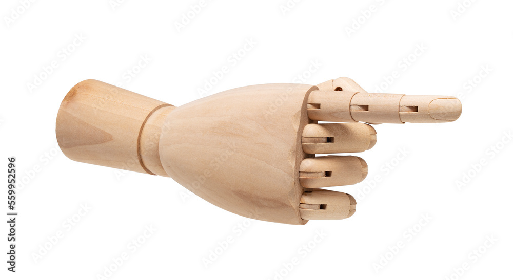 Wooden mannequin hand pointing against white background.