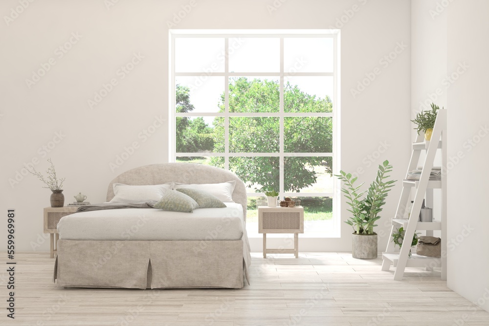 White bedroom interior. Scandinavian design. 3D illustration