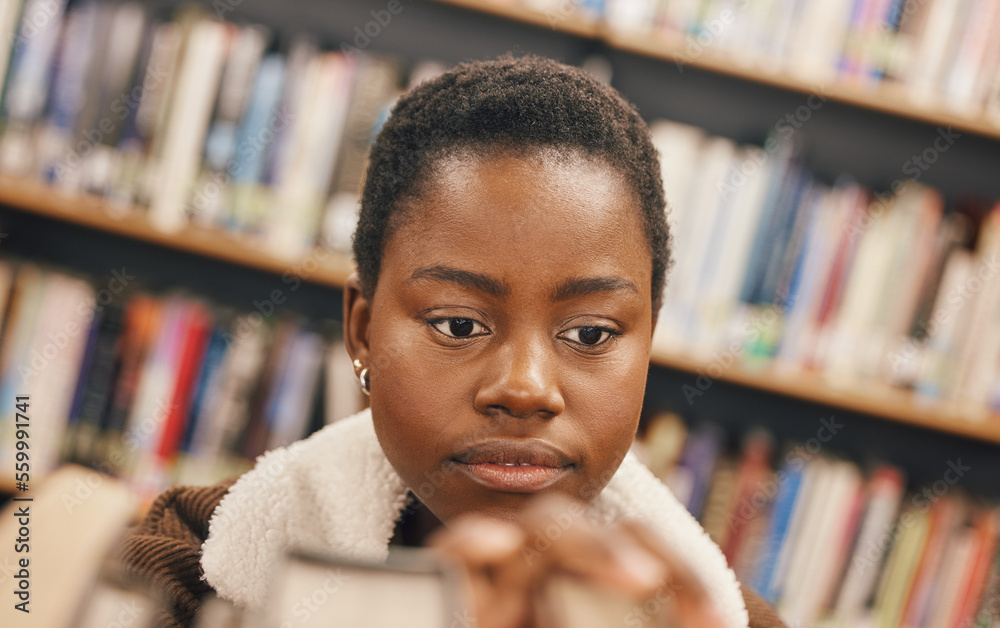 Education, book search or black woman in library at college, university or school bookshelf for lear