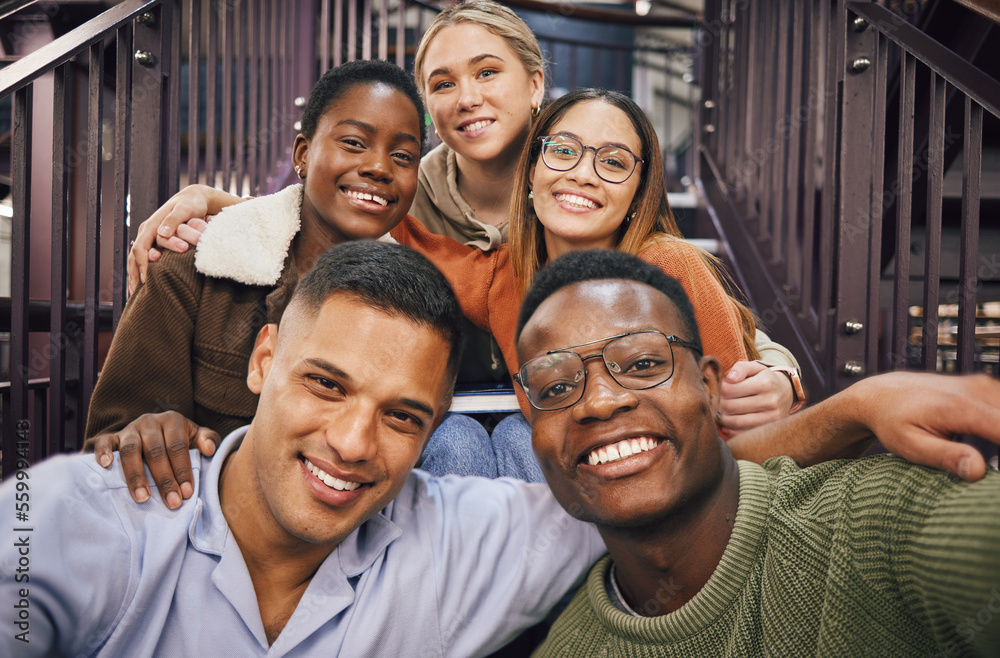 University student group, selfie and stairs with smile together, friends and happy for goals, succes