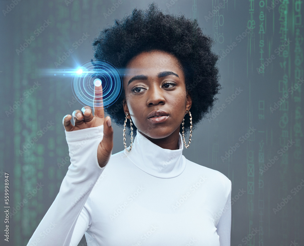 Futuristic, hologram and black woman with technology in a studio for digital tech innovation. Future