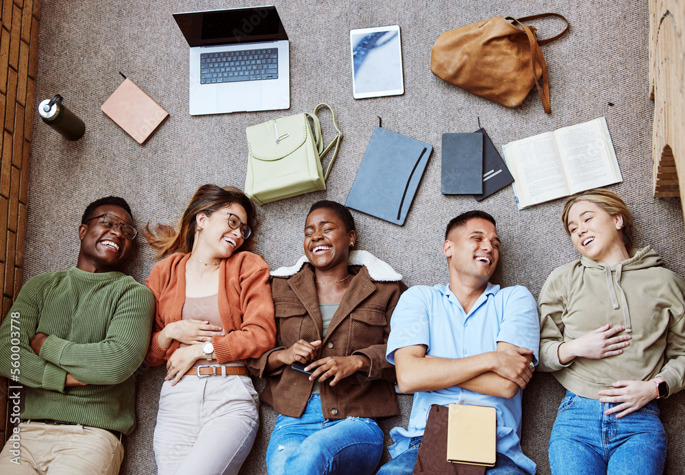 College floor, diversity and laughing students relax after group project, research education study o