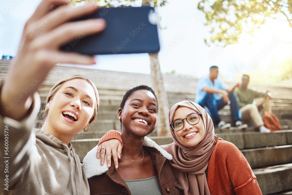 Students, diversity or phone selfie on college campus bleachers, university stairs of school steps f