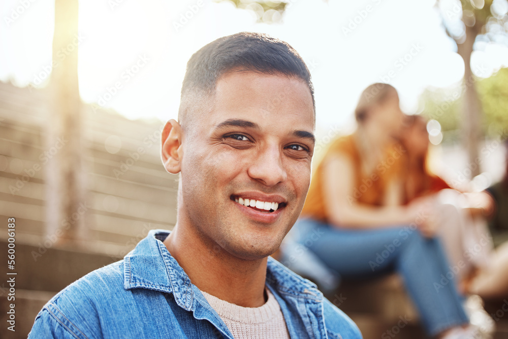 Portrait, black man and student on campus, college and relax on break, smile and casual. Jamaican ma