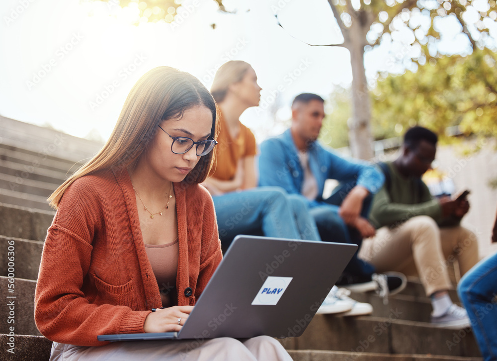 University, woman sitting stairs and laptop research for school project with focus and motivation fo