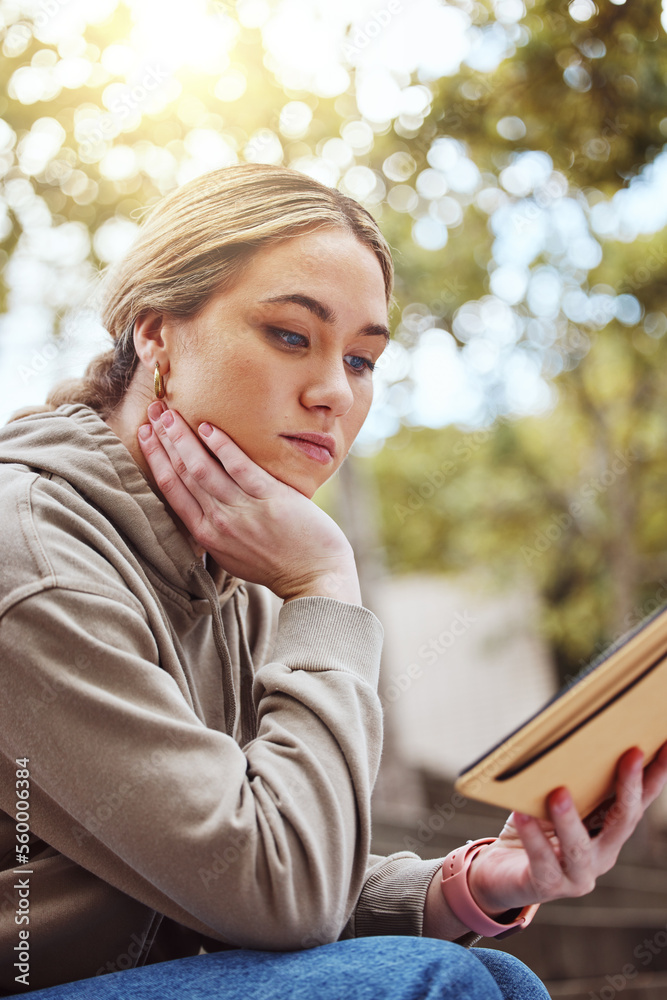 Thinking woman, notebook or reading on college campus, university park or school in education, learn