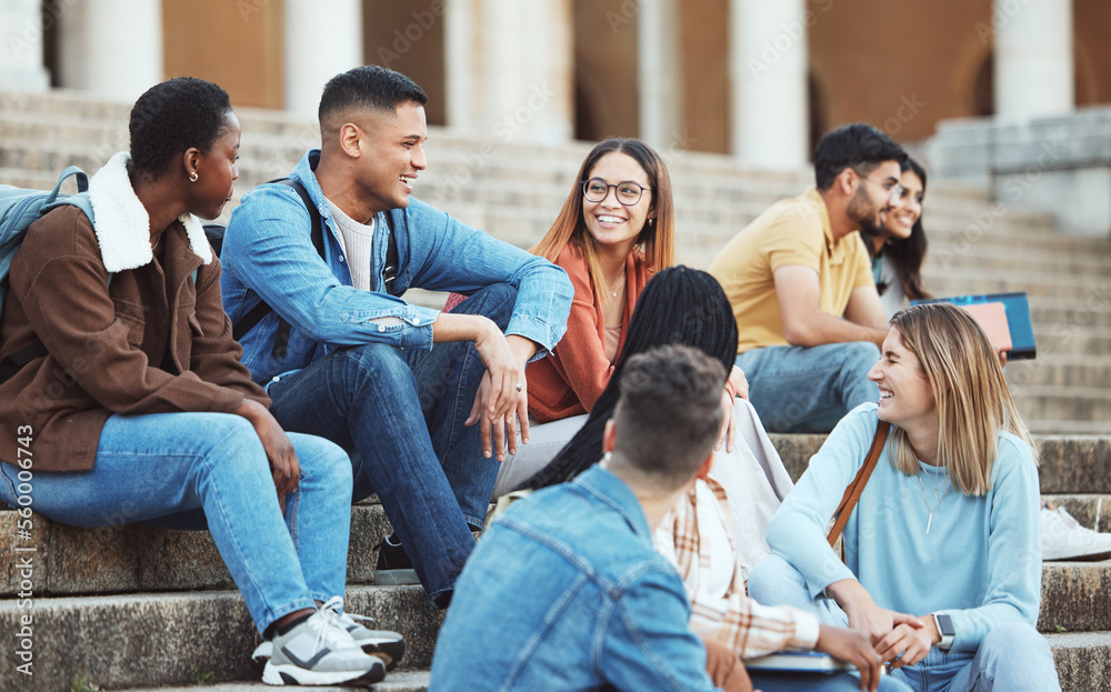 Laughing students, bonding or university stairs on college campus for group study, diversity class b