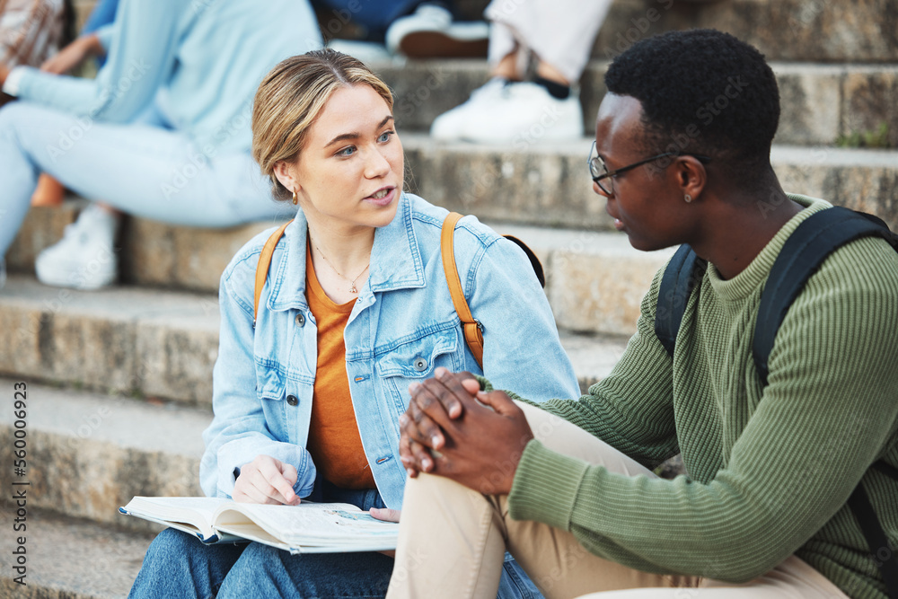 Talking students, black man or woman on stairs, university steps or college campus bleachers for stu