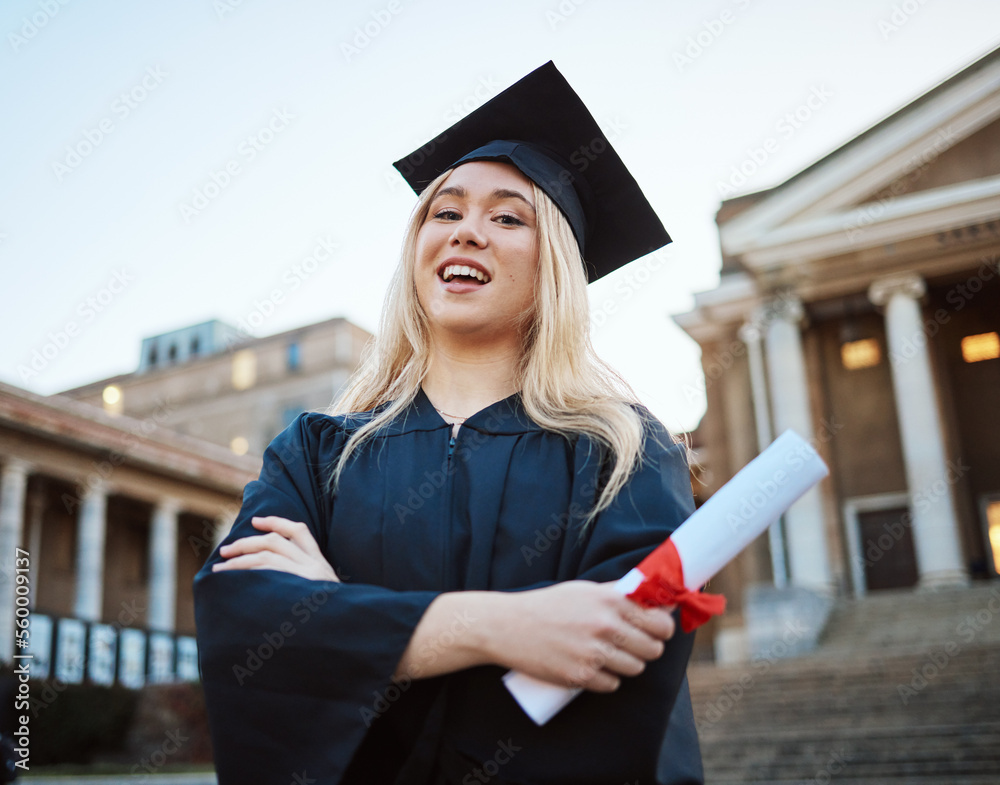 Portrait, graduation and success with a student woman holding a diploma or certificate outdoor as a 