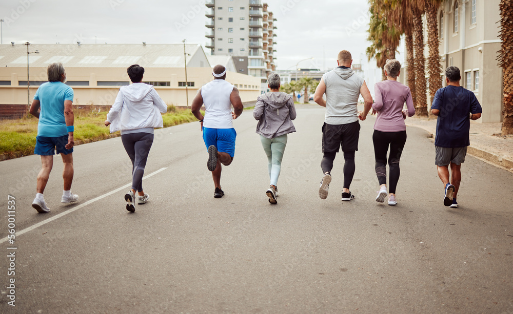 Fitness, city or people running in a marathon challenge with sports performance goals on urban city 