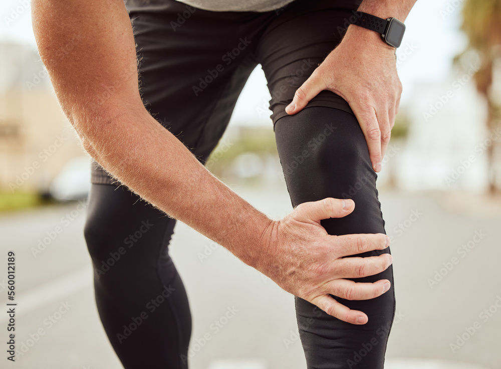 Runner legs, fitness injury and outdoor exercise for cardio training, sports workout run and knee pa