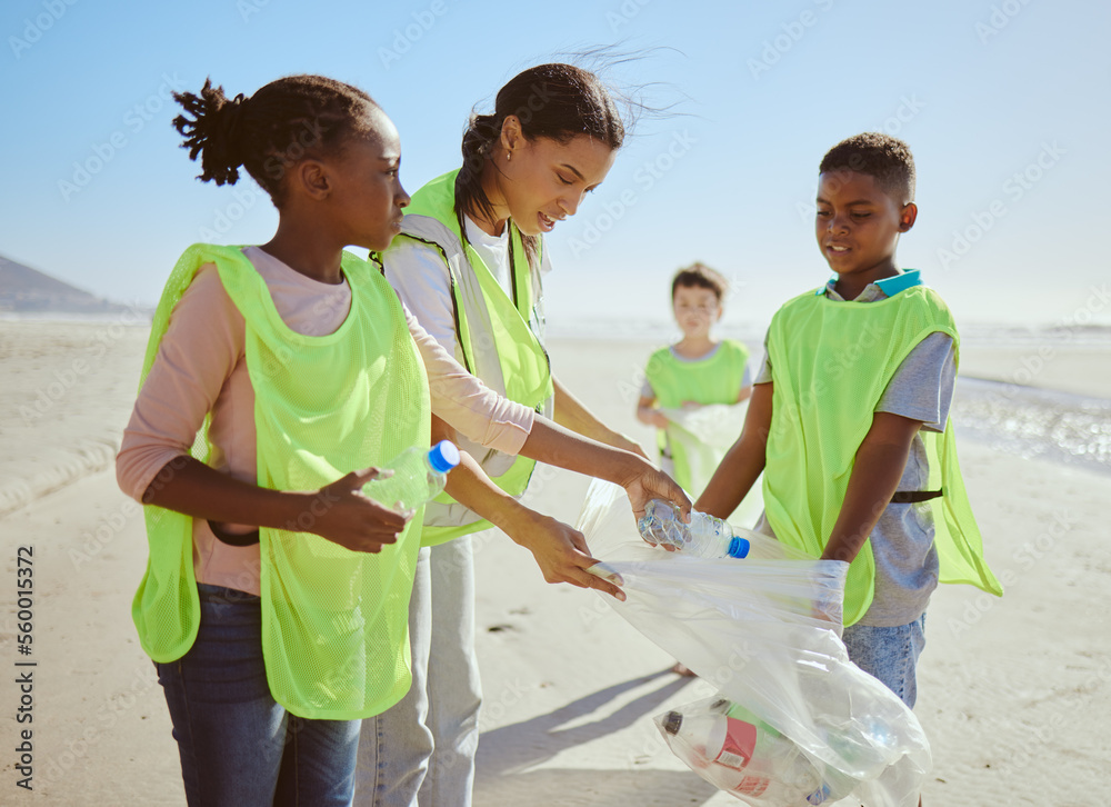 Children, beach and plastic recycling teamwork for pollution ecology and environmental change collab