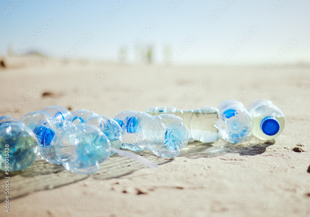 Plastic bottles, beach sand or litter in recycling volunteering, global warming sustainability or ea