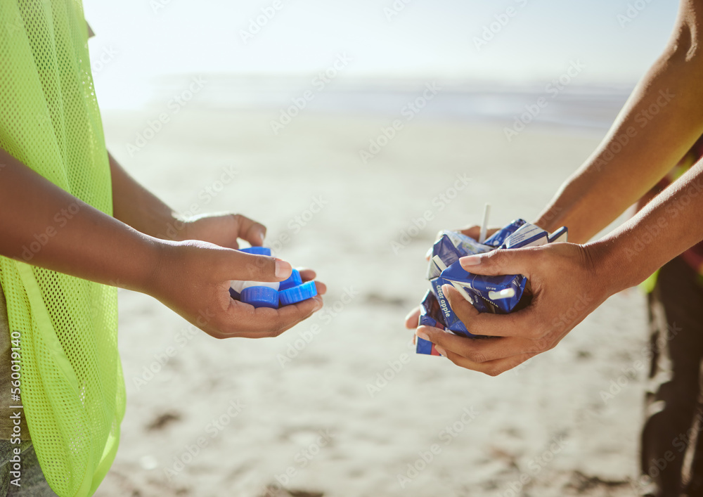 Cleaning, plastic and hands of volunteer at beach for recycle, environment or earth day. Recycling, 