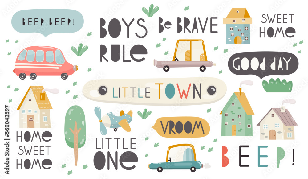 Set of Phrases and Clipart – Cars, Houses, Plane – for create Nursery Posters, Shower Card, Kids T-s