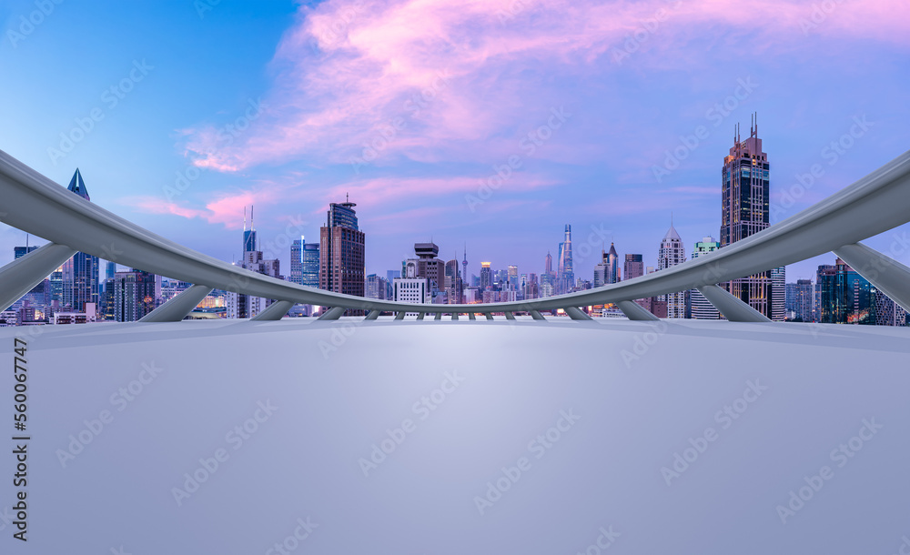 Empty square floor and city skyline with modern buildings at sunset in Shanghai, China. 3d square ef