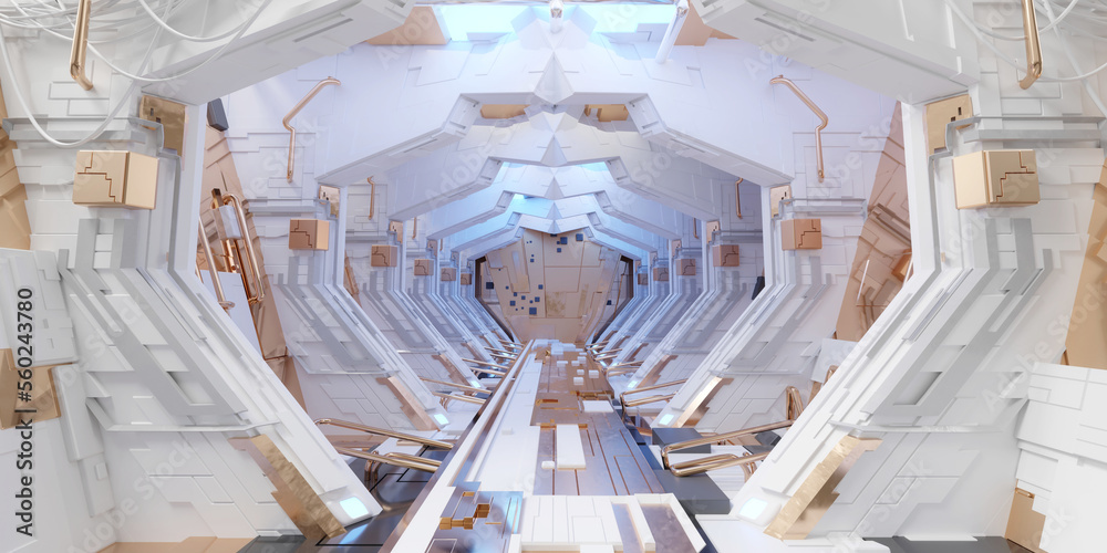 Futuristic sci-fi corridor room. Modern Future background style, interior concept. 3d rendering