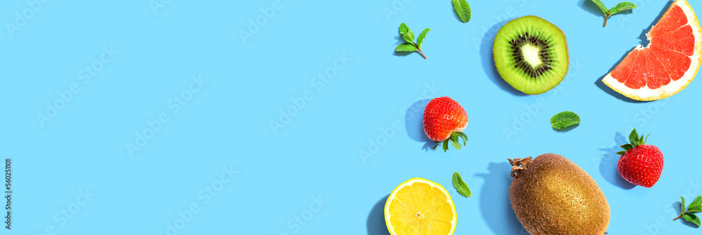 Collection of mixed fruits overhead view flat lay