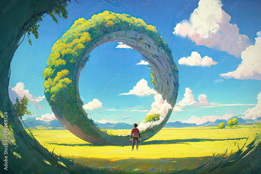 Man standing and looking at a giant overgrown ring in a lush field, digital art atyle, generative AI