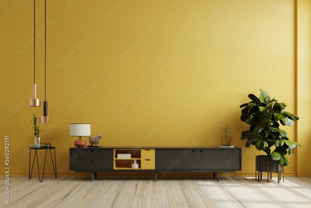 Black cabinet for tv interior yellow wall mockup.