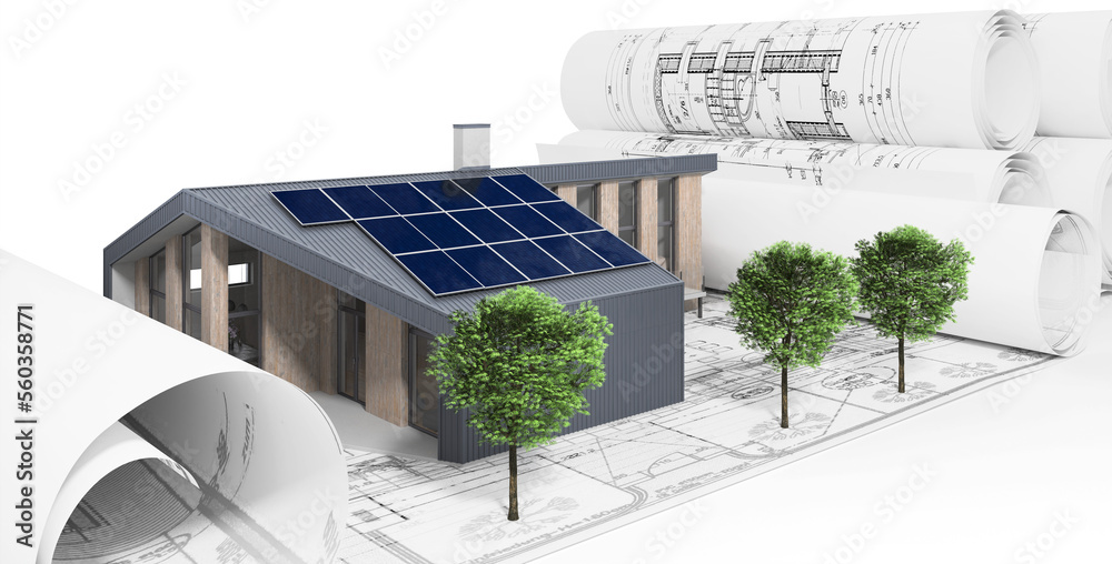 Bauplanung an einem öffentlichen  Gebäude mit Solarmodulen - 3D Visualisierung