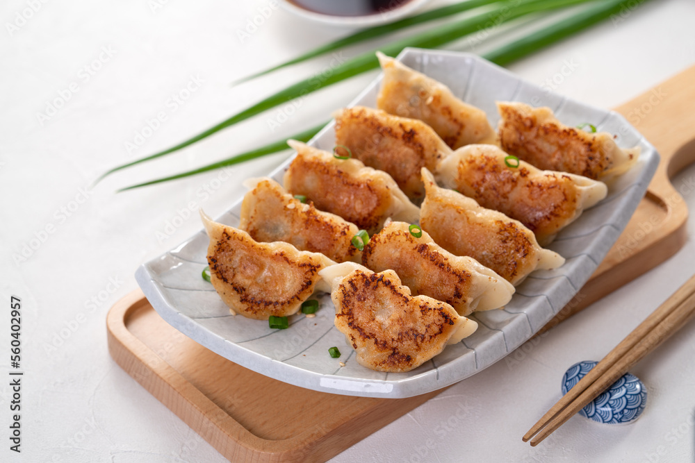 Pan-fried gyoza dumpling jiaozi in a plate with soy sauce on white table background.