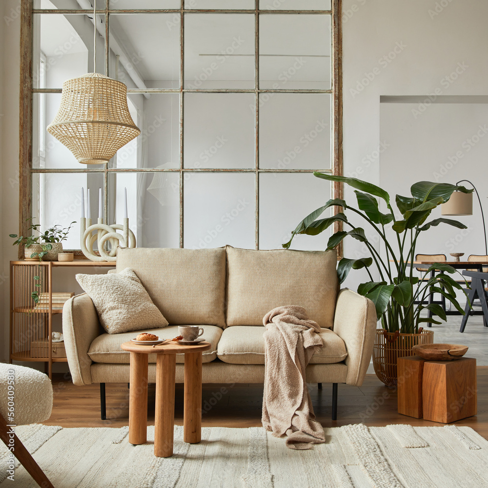 Modern living room interior composition with beige sofa, wooden coffee table and modern home accesso