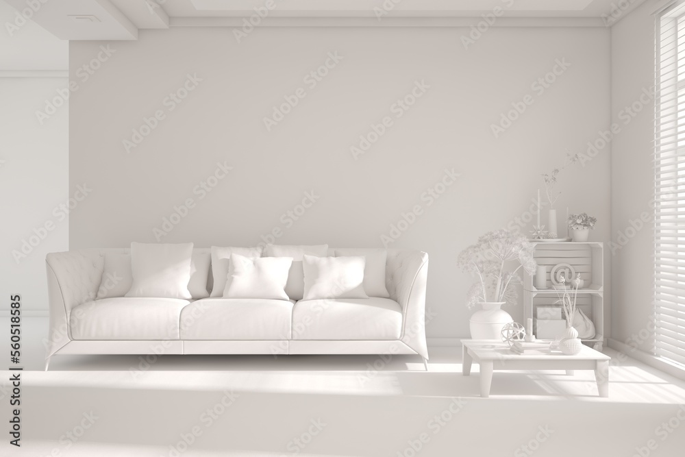 Mock up of minimalist living room in white color with sofa. Scandinavian interior design. 3D illustr