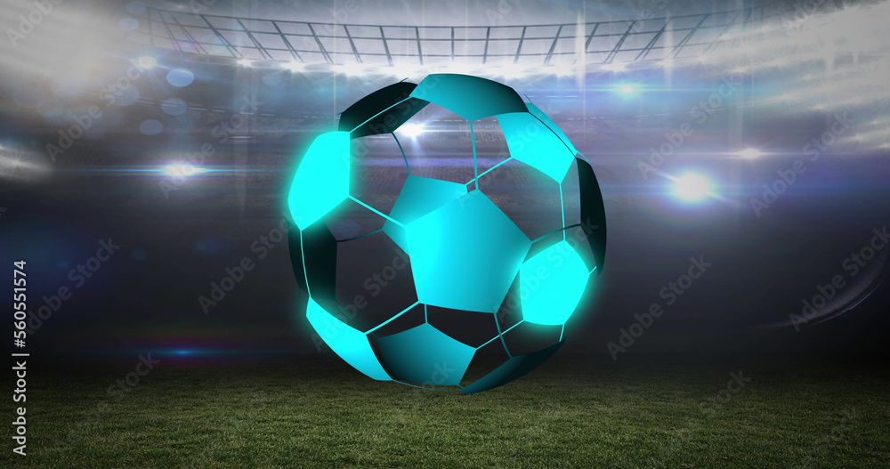 Image of neon soccer ball over sport stadium