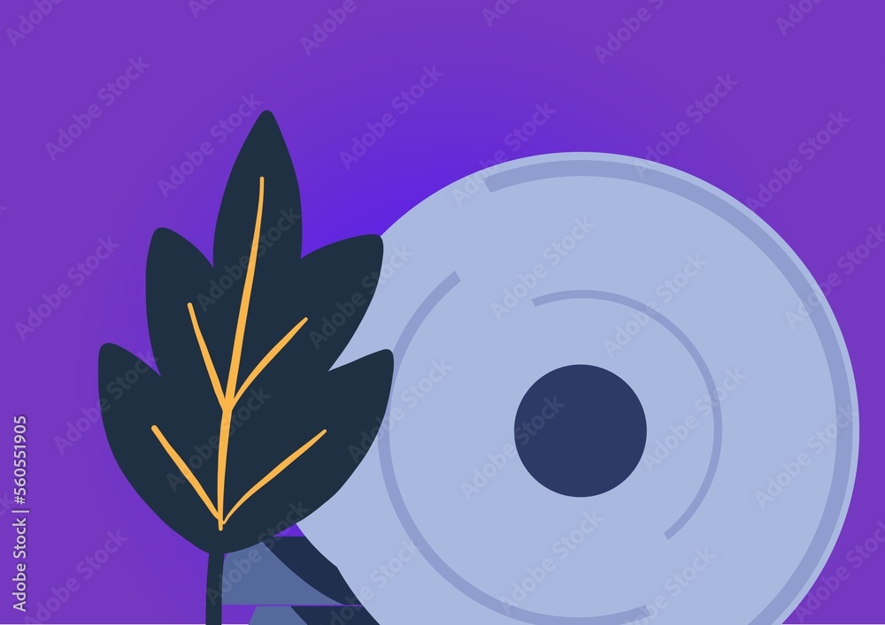 Composition of leaf icon over circles on purple background with copy space