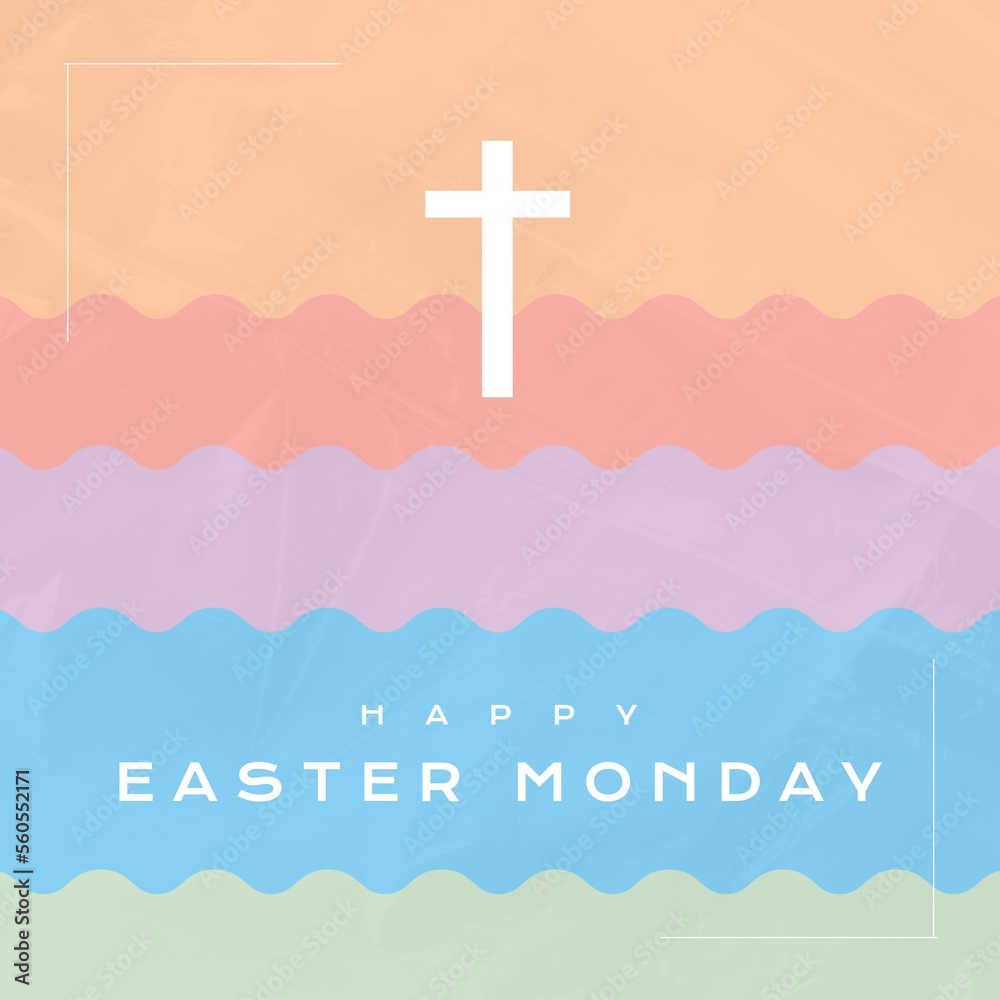 Composition of happy easter monday text over cross and colourful background