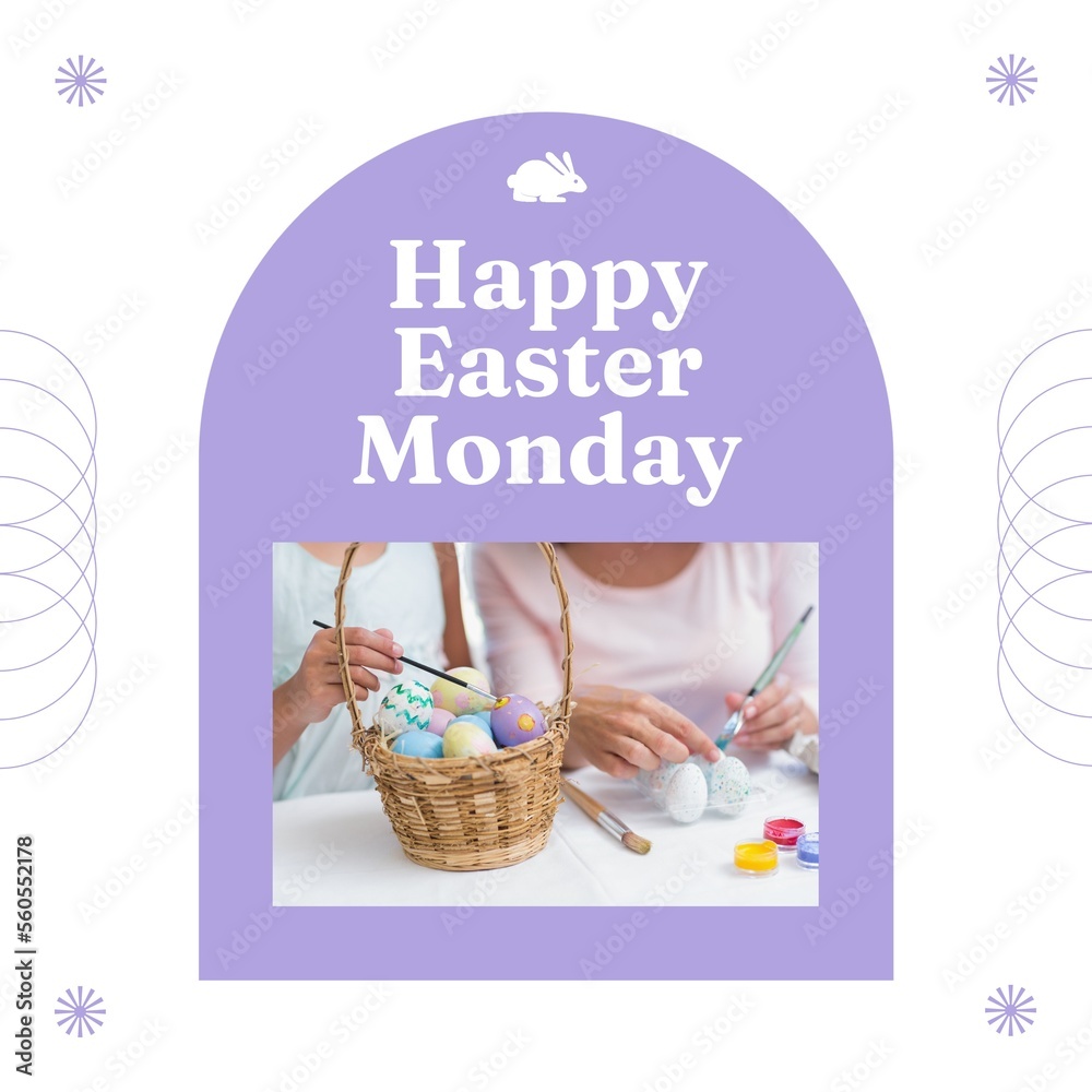 Composition of happy easter monday text over caucasian family painting easter eggs