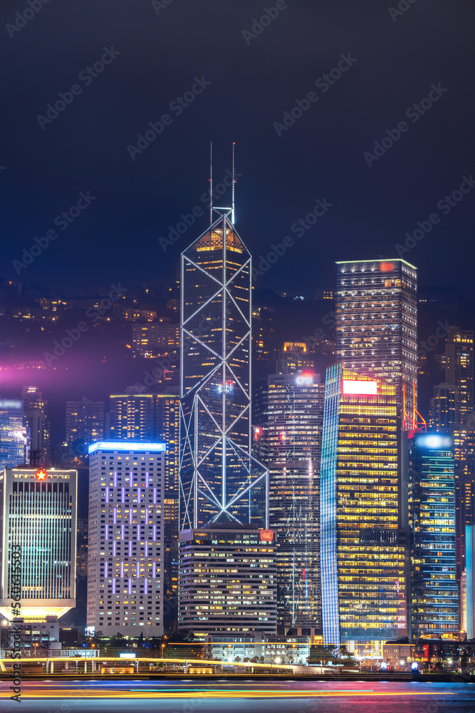 Hong Kong Coastline Modern Architecture Skyline Night Scenery