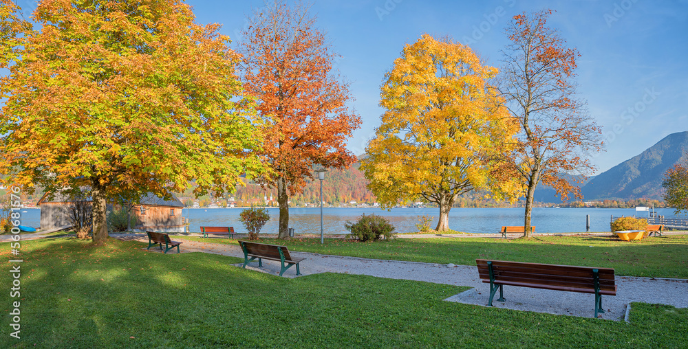 Kurpark Abwinkl mit Rastbänken und leuchtend herbstlichen Bäumen, Tegernsee Oberbayern