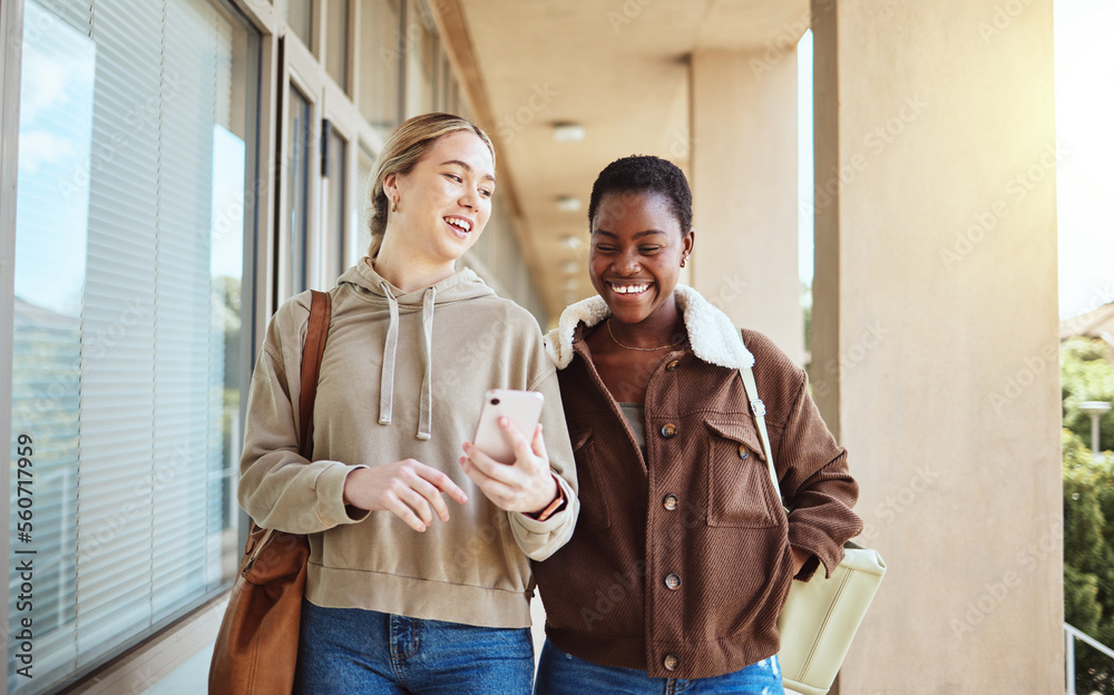 Smartphone, university and students walking with education, college or study website and campus netw