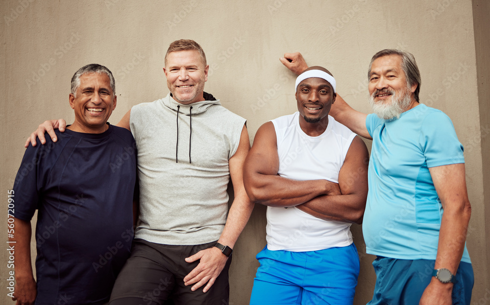 Happy men, portrait and sports group on wall background in outdoor city. Smile, fitness and mature m