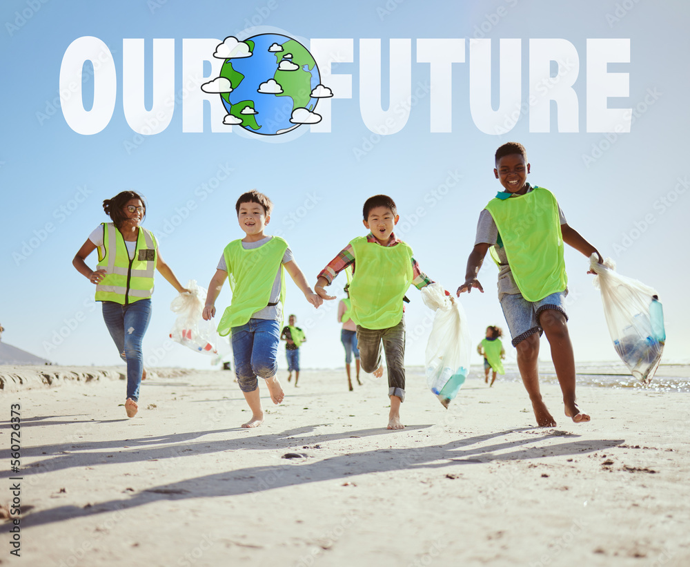 Running children, climate change or beach clean up in ocean waste management, sea recycling or natur