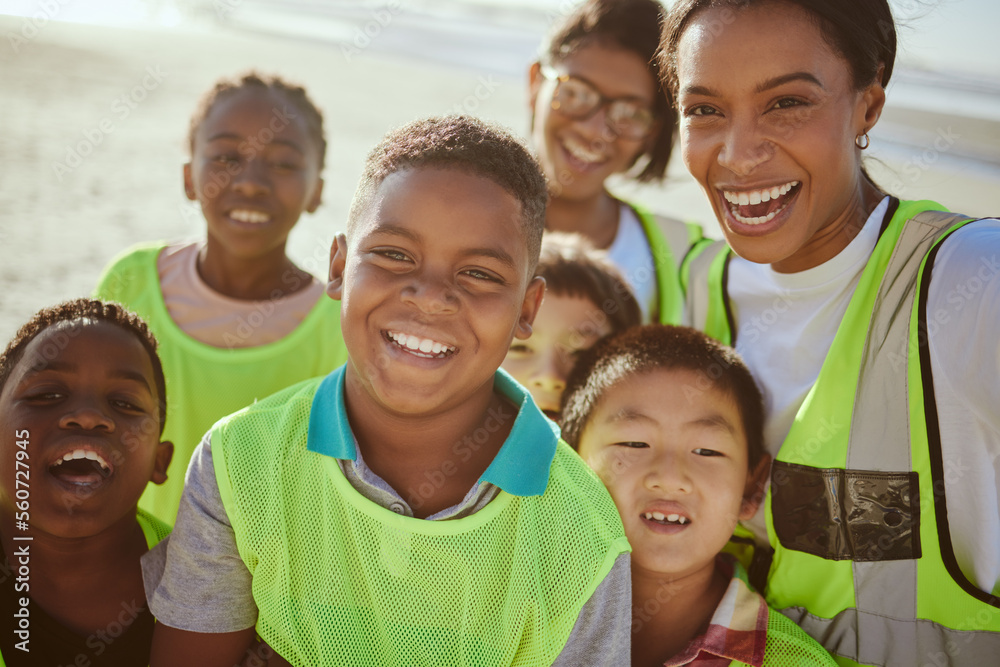 Children, portrait and volunteer with an eco friendly beach cleaning for earth day or environmental 